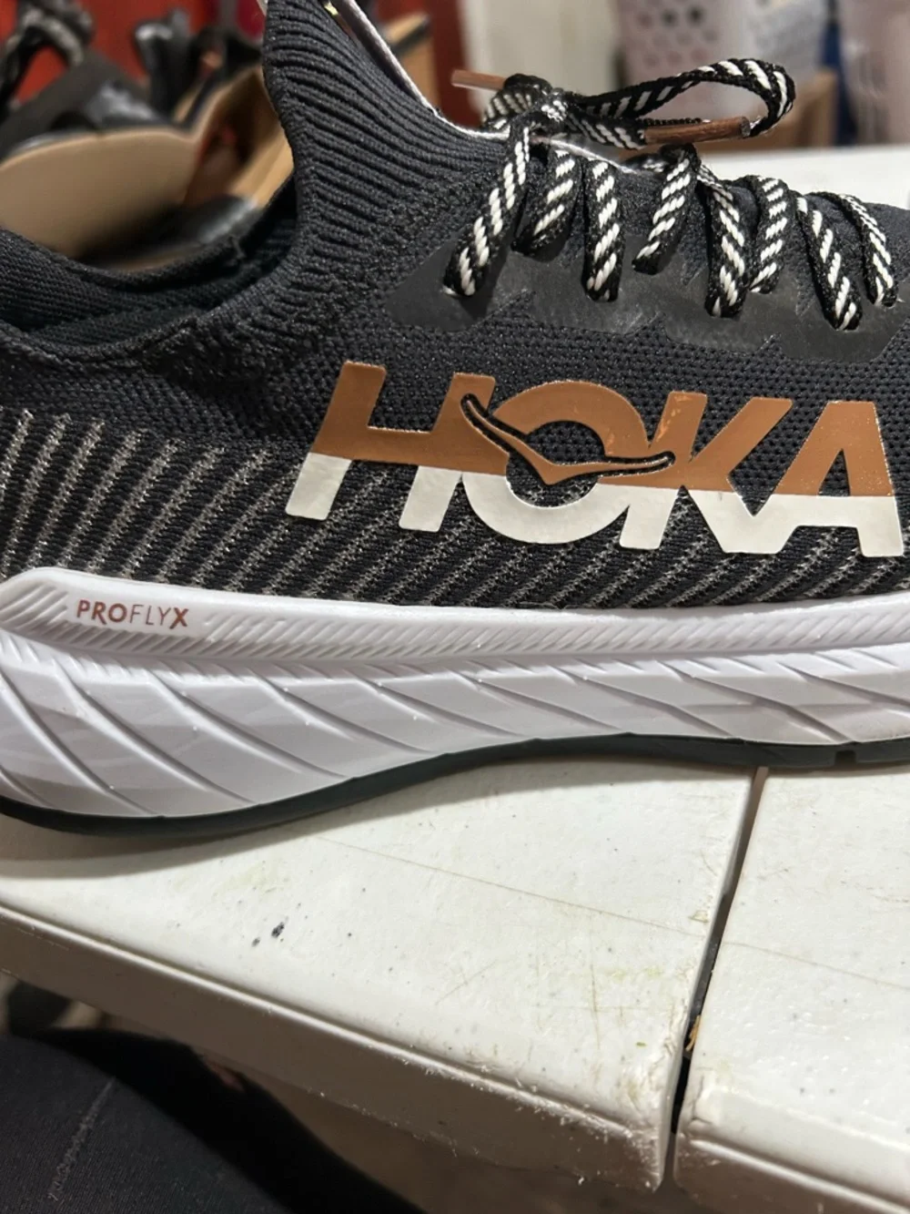 Hoka One One Black and Cream Split-Knit Running Sneakers